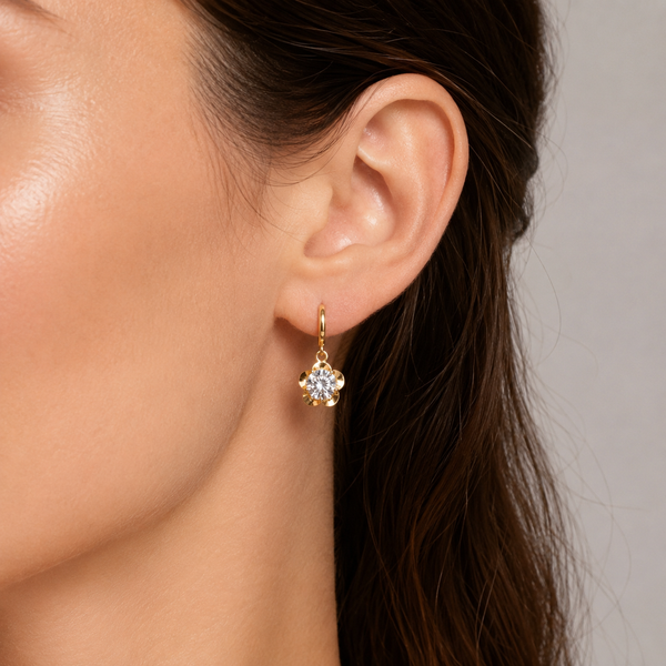 18K Gold-Plated Round CZ Huggie Hoop - model wearing earrings