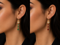 18K Gold-Plated Colored Gemstone Dangle Huggie Earrings - gray background