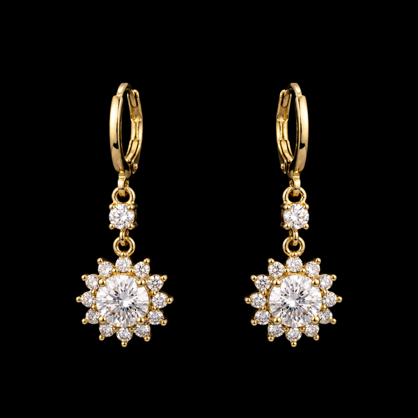 18K Gold-Plated Sun Burst CZ Dangle Huggie Earrings - black background