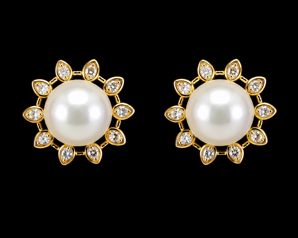 18K Gold-Plated Sunburst CZ Pearl Halo Stud Earrings