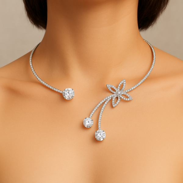 925 Silver CZ Tennis Choker with Crystal Butterfly on model