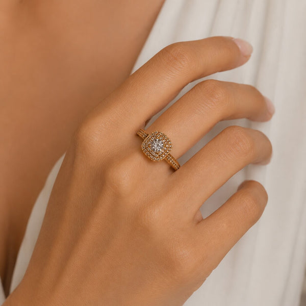 18K Rose Gold-Plated Double Halo Cushion CZ Solitaire Ring