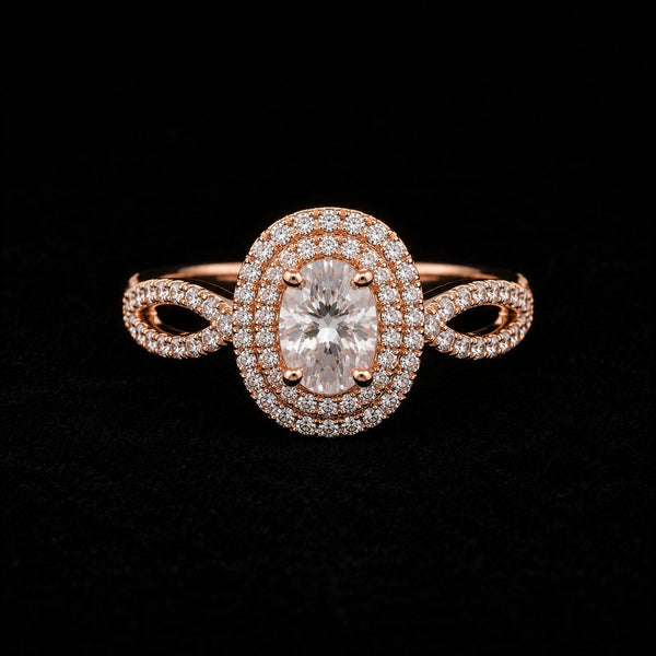 18K Rose Gold-Plated Oval CZ Double Halo Infinity Split-Band Ring