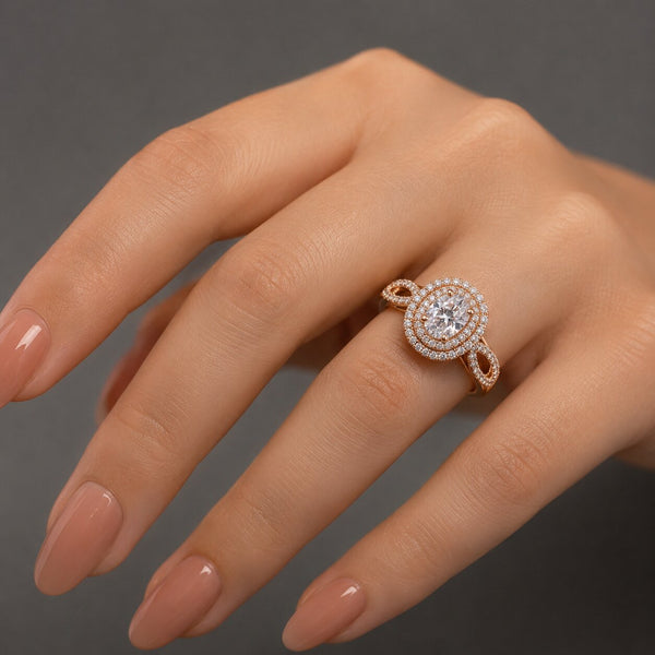 18K Rose Gold-Plated Oval CZ Double Halo Infinity Split-Band Ring