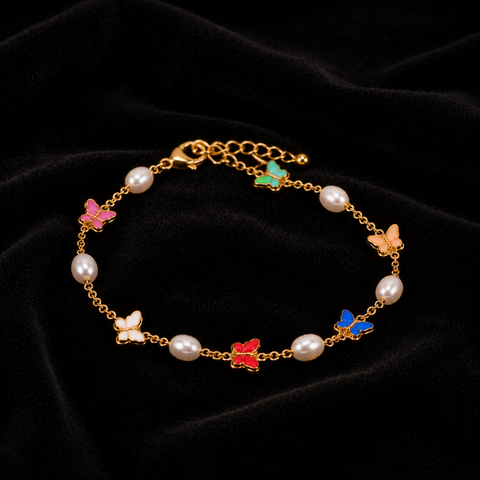18K Gold-Plated Multi-Color Butterfly and Pearl Chain Bracelet