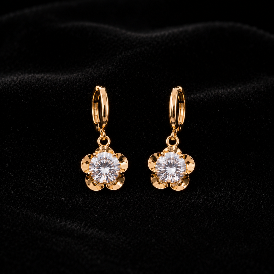 18K Gold-Plated Round CZ Huggie Hoop - black background product shot