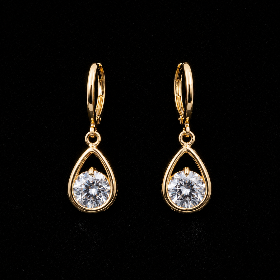 18K Gold-Plated CZ Lever-Back Hoop Earrings - black background