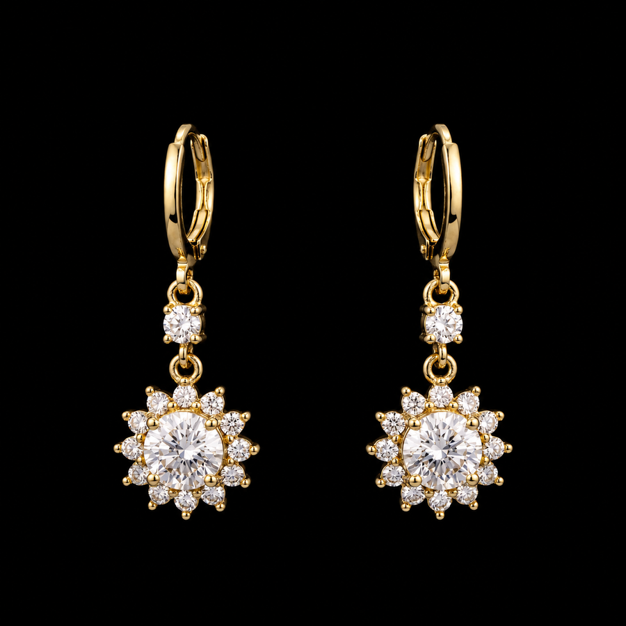 18K Gold-Plated Sun Burst CZ Dangle Huggie Earrings - black background