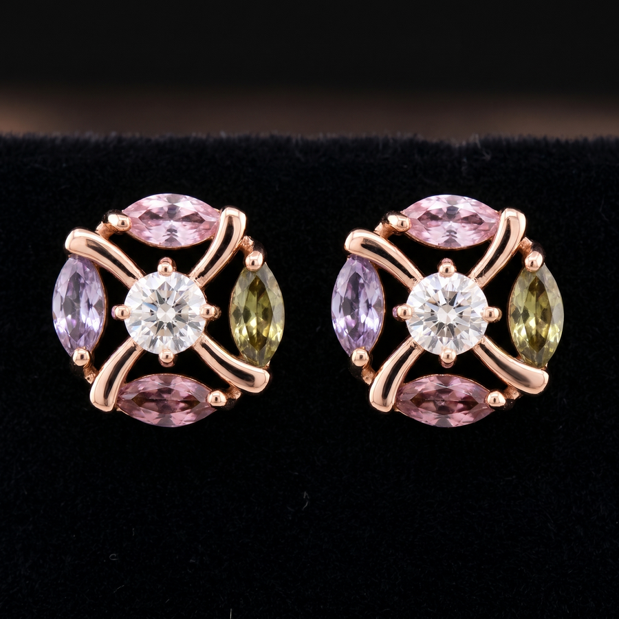 18K Gold-Plated Multi Stone Cluster Stud Earrings