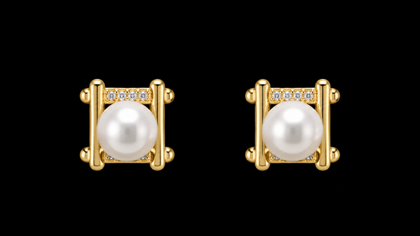 18K Gold-Plated Ornate Crown Frame Pearl Stud Earrings