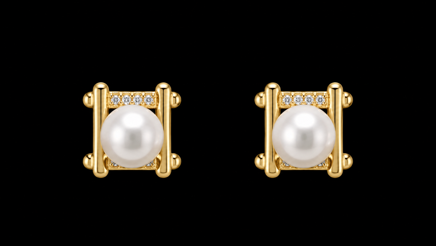 18K Gold-Plated Ornate Crown Frame Pearl Stud Earrings