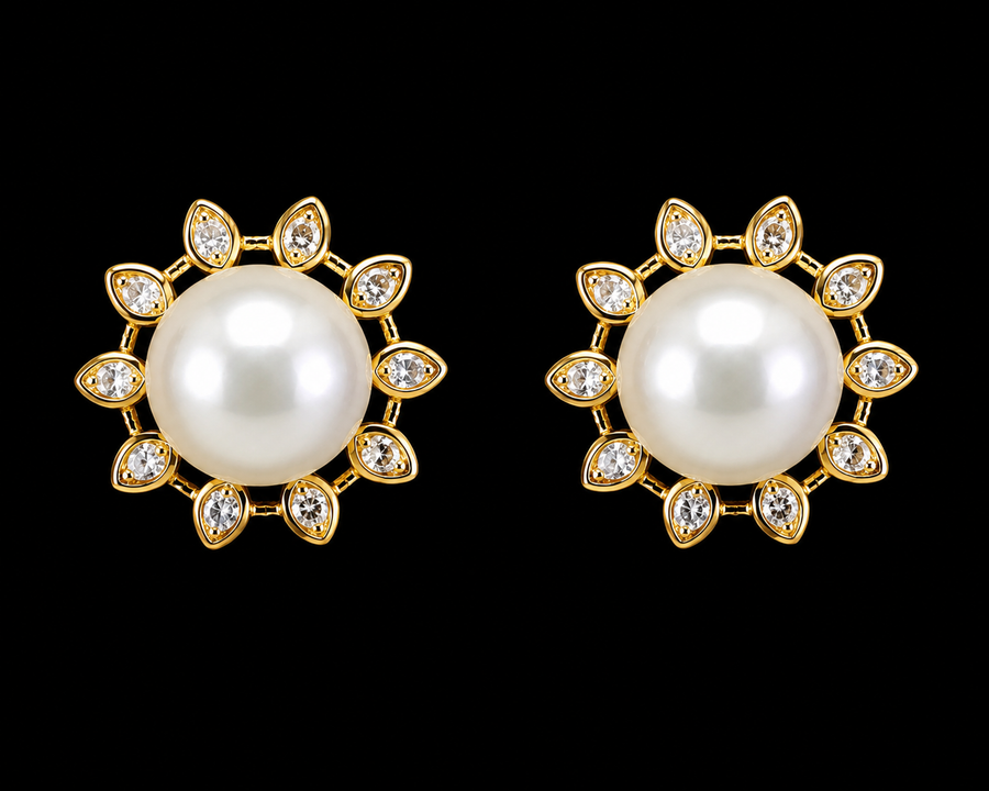 18K Gold-Plated Sunburst CZ Pearl Halo Stud Earrings