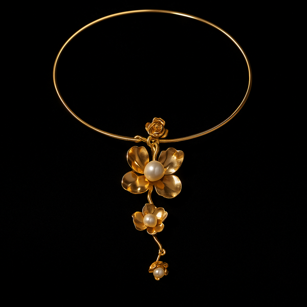18K Gold-Plated Open Wire Collar with Floral Bloom on velvet