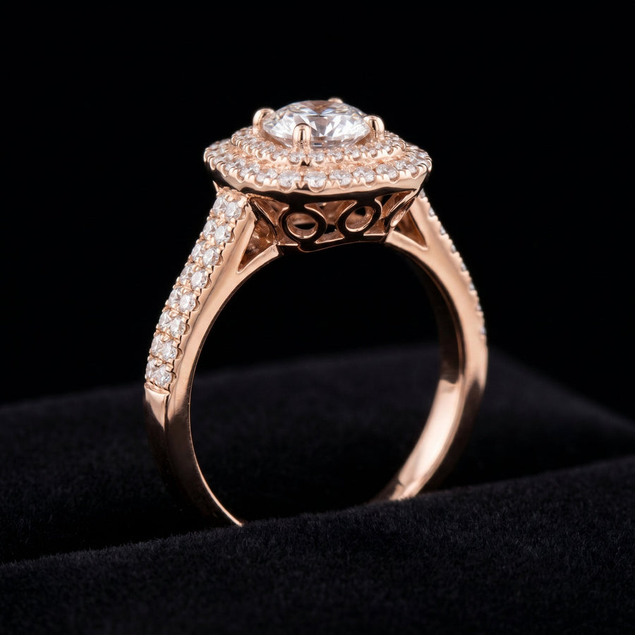 18K Rose Gold-Plated Double Halo Cushion CZ Solitaire Ring