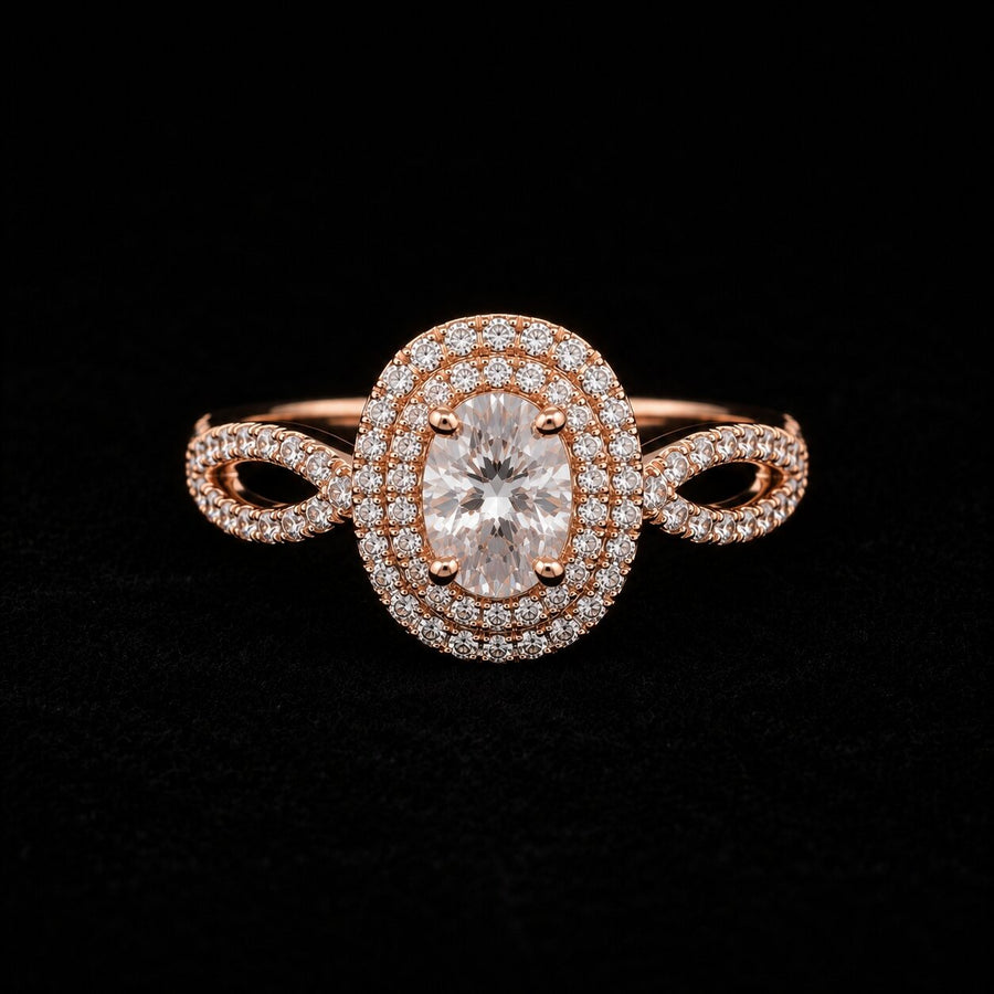 18K Rose Gold-Plated Oval CZ Double Halo Infinity Split-Band Ring