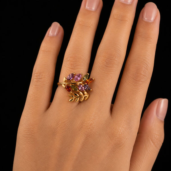 18K Gold-Plated Multi-Color Marquise CZ Botanical Leaf Ring
