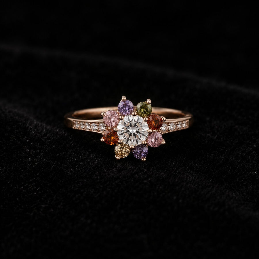 18K Rose Gold-Plated Multi-Color CZ Floral Cluster Ring