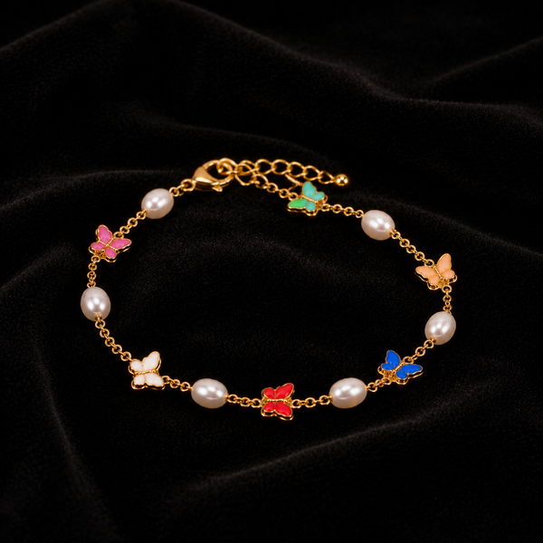 18K Gold-Plated Multi-Color Butterfly and Pearl Chain Bracelet