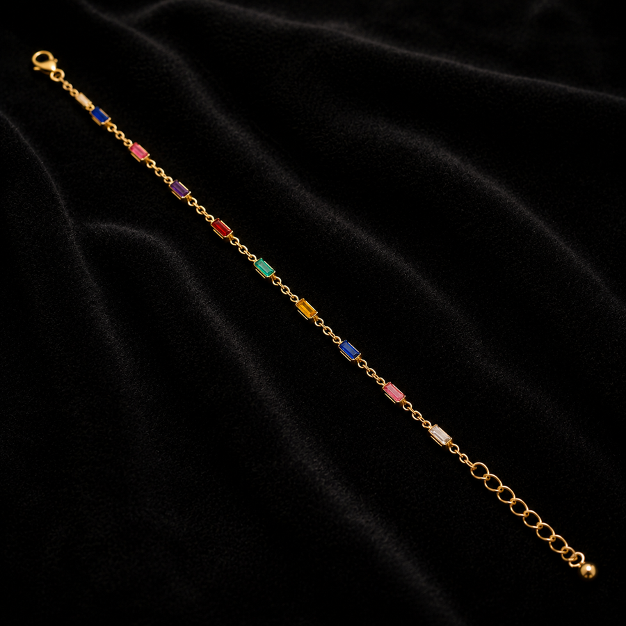 18K Gold-Plated Multi-Color Baguette CZ Chain Bracelet