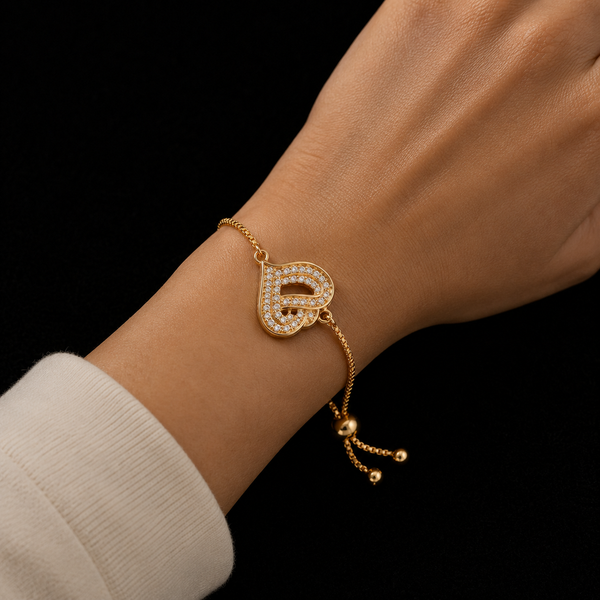 18K Gold-Plated Pavé CZ Swirled Heart Pendant Chain Bracelet