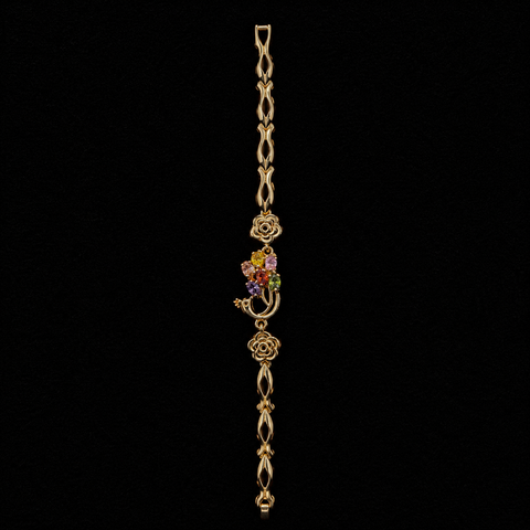 18K Gold-Plated Camellia & Vine Multi-Color CZ Chain Bracelet