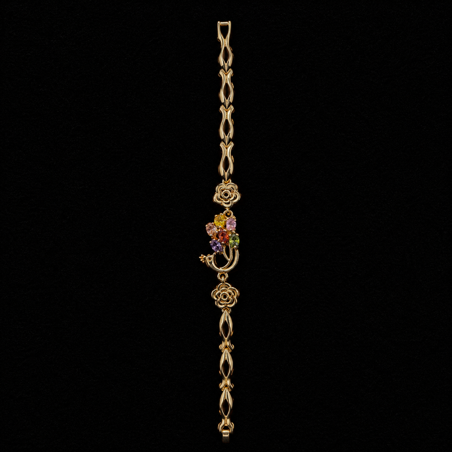 18K Gold-Plated Camellia & Vine Multi-Color CZ Chain Bracelet
